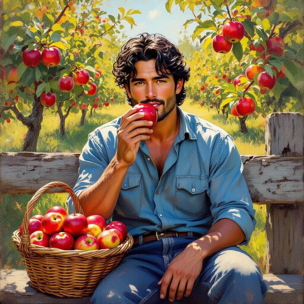 Oil Painting of Latino Man in Orchard with Apples