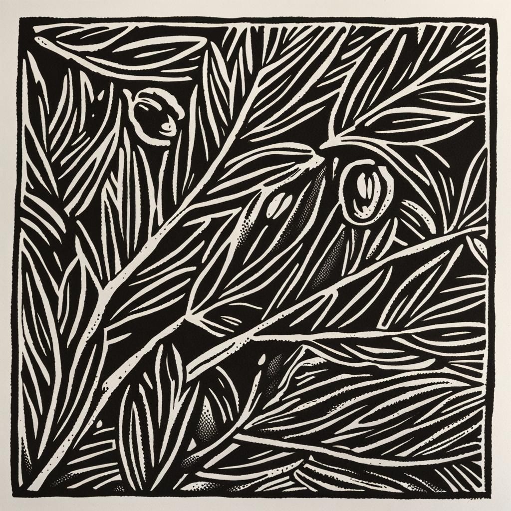 black and white relief print lino cut of an olive branch design