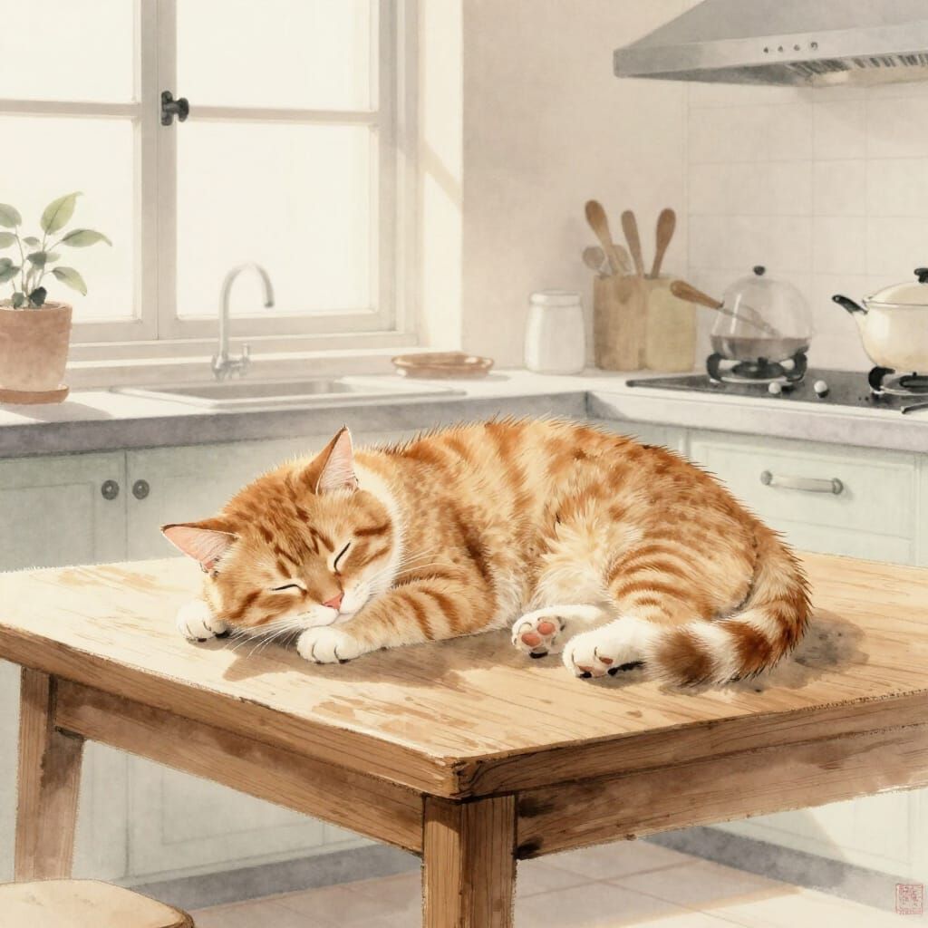 Ginger Cat Napping in Sunlit Kitchen, Chinese Watercolor Sty...