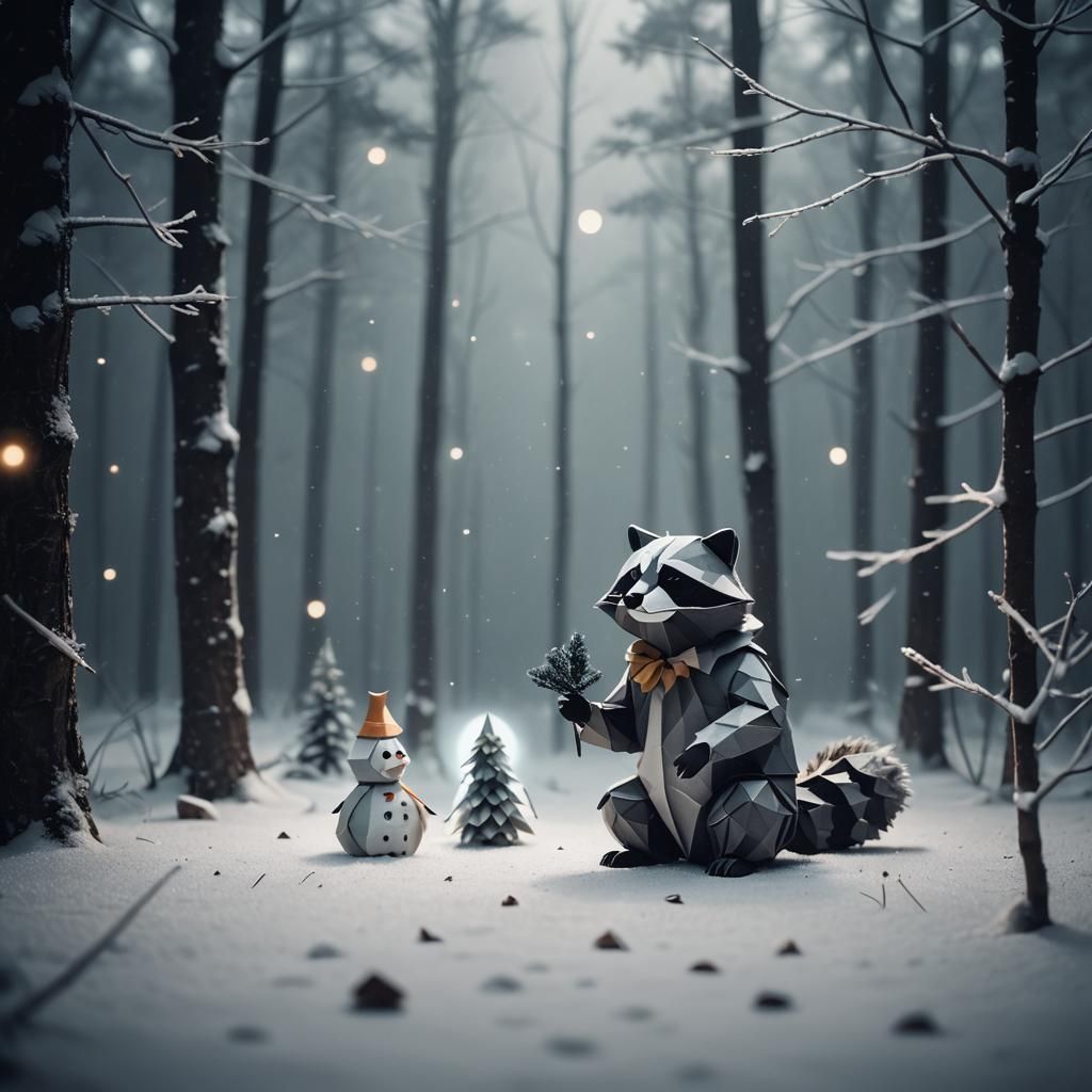 Raccoon Builds Snowman in Misty Forest: Papercraft Art