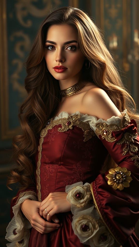 Ethereal Goddess in Opulent Historical Romance Attire