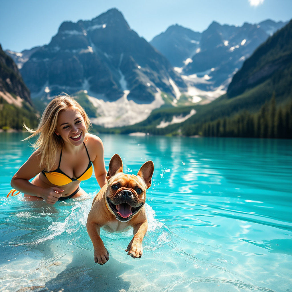 Turquoise Mountain Lake with French Bulldog