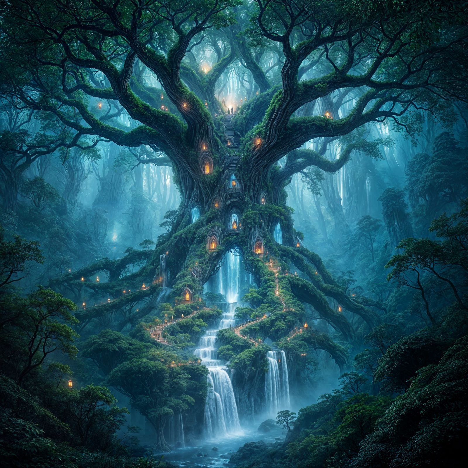 Bioluminescent Forest Inside Ancient Tree, Matte Painting