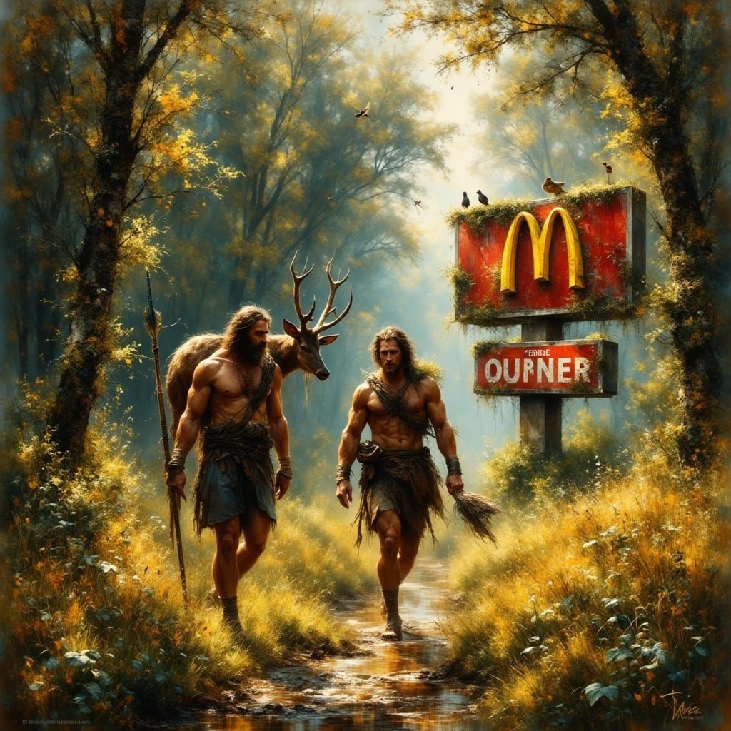 Prehistoric Hunters in Overgrown Clearing: Digital Painting