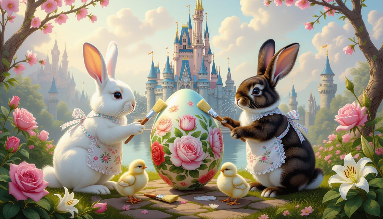 Rabbits and Chicks Painting Easter Egg in Fairytale Landscap...