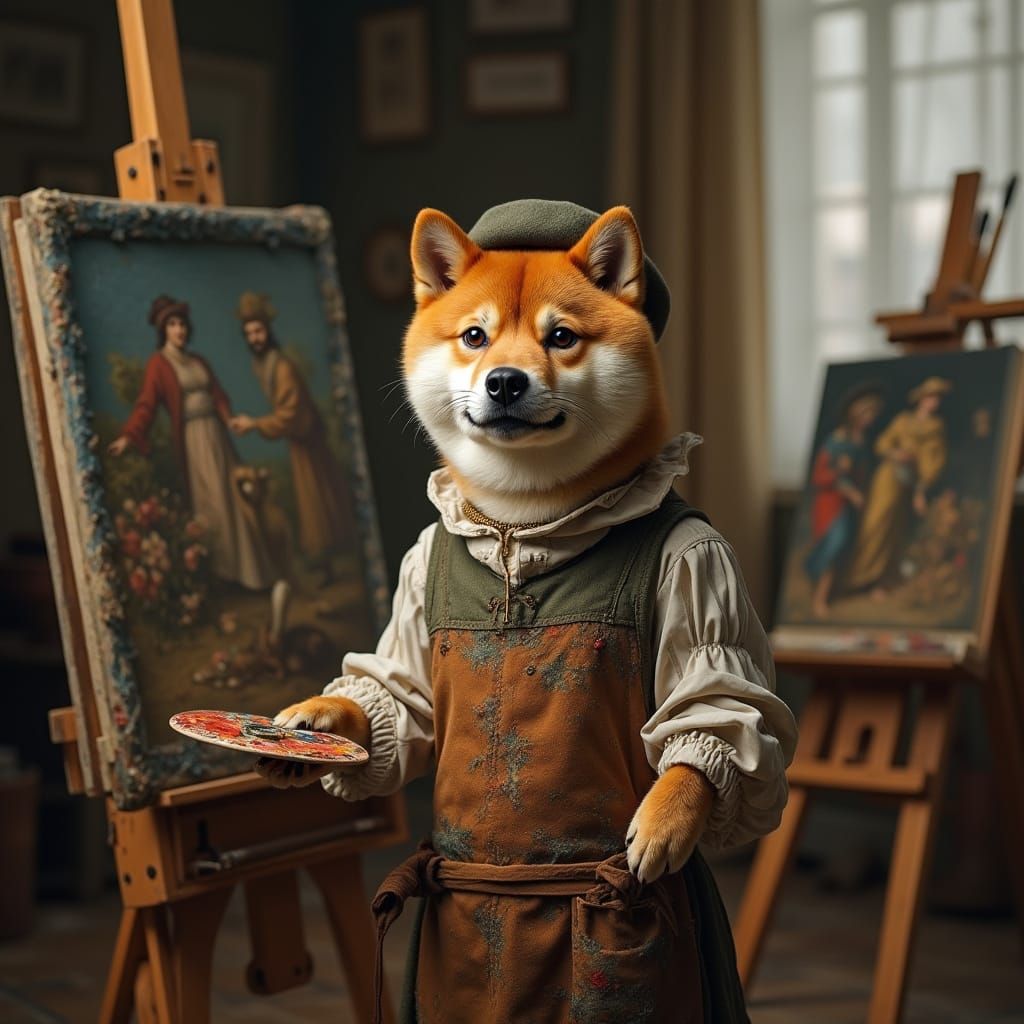 Shiba Inu as Renaissance Painter in Art Studio