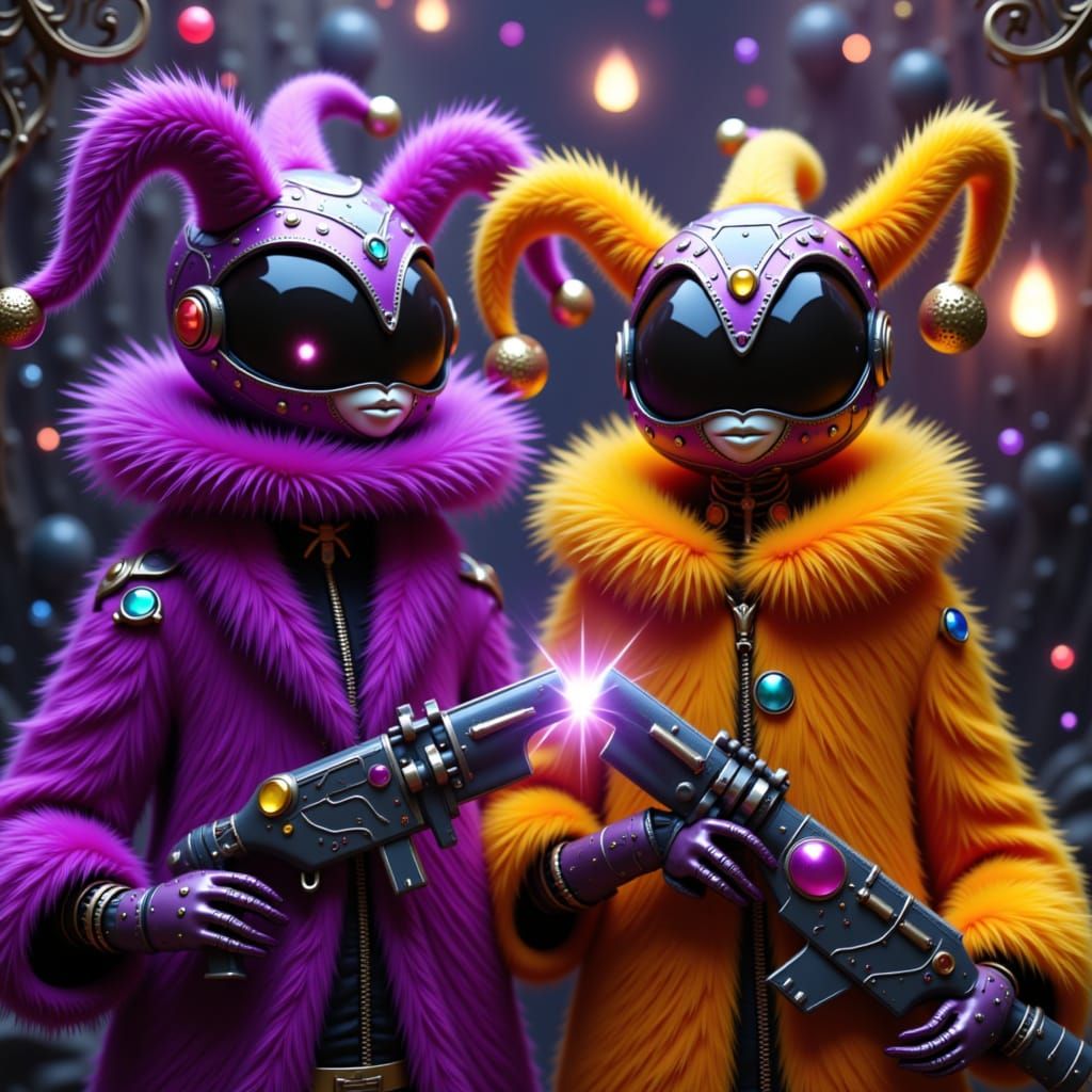 Cyborg Jesters in a Mystical Carnival, Hyper-Realistic Art