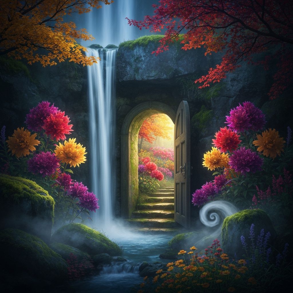 Secret Garden Behind Waterfall in Perpetual Twilight