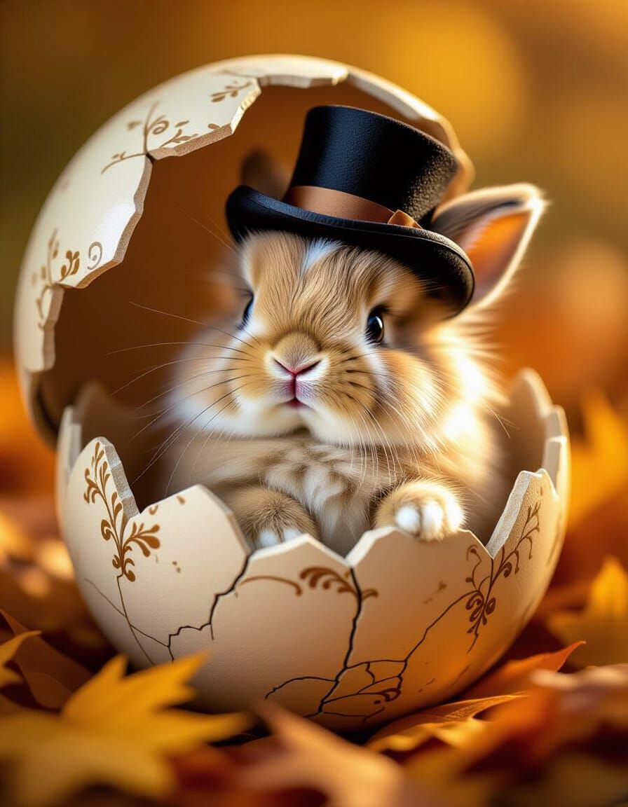 Cute Fluffy Rabbit in Ornate Egg with Top Hat