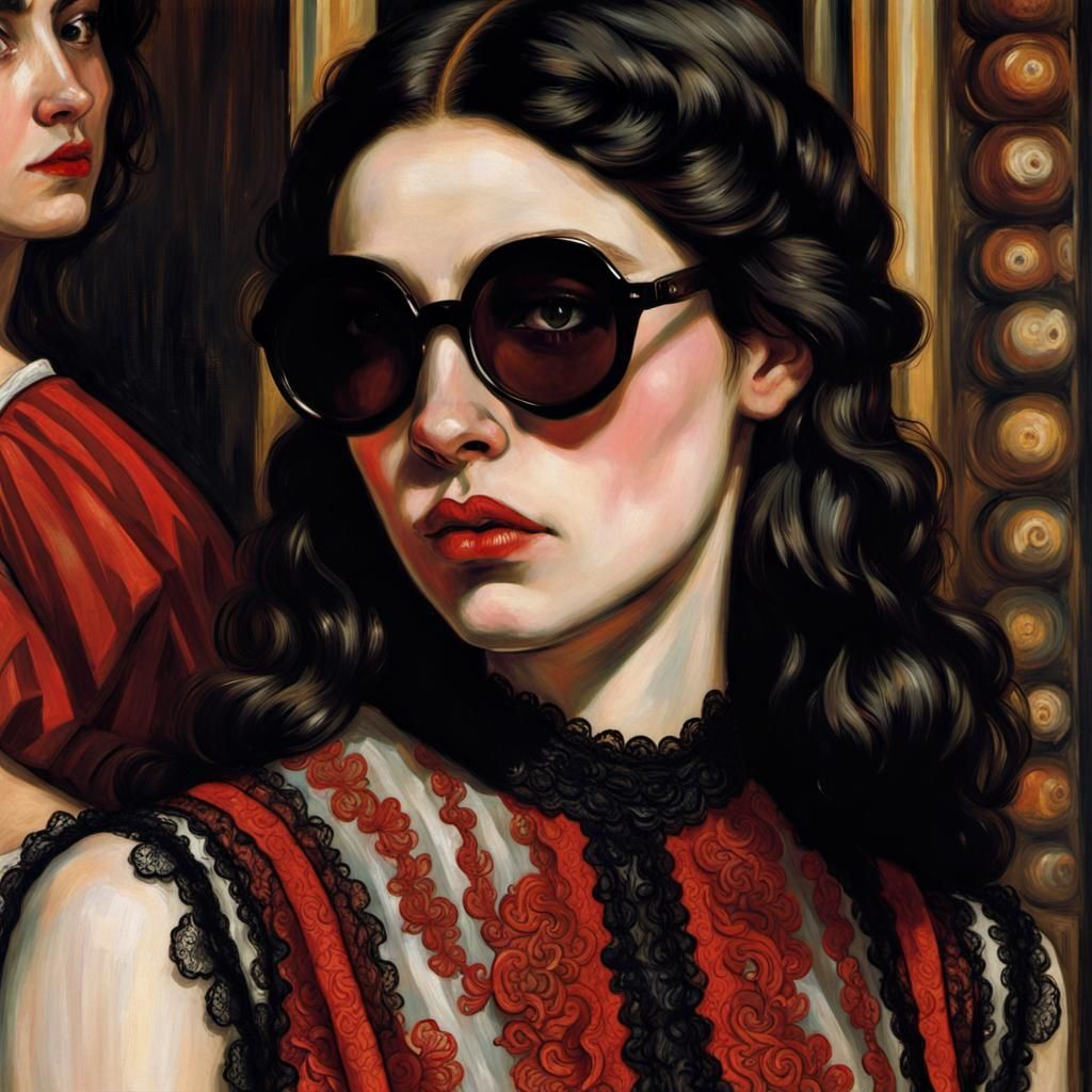 Psychedelic Woman in Red Lace Dress with Sunglasses