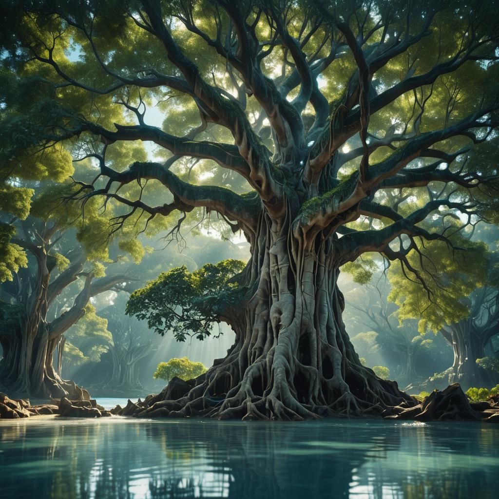 Majestic Banyan Tree and Blue Pool: Fantasy Concept Art