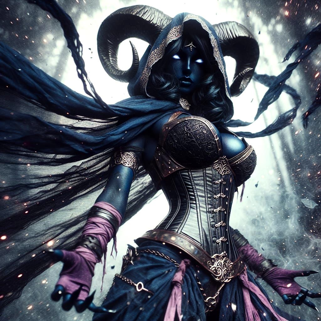 Mysterious Tiefling Conjurer in Dark Fantasy Attire