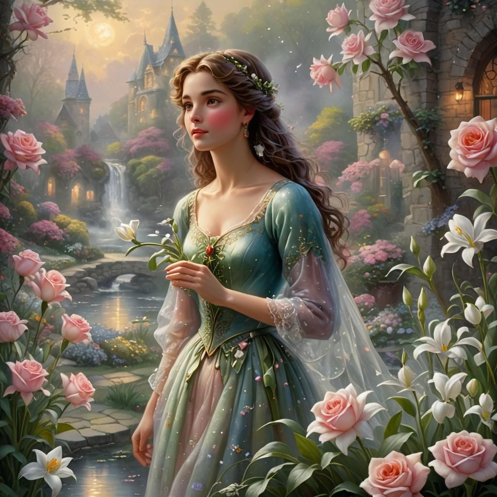 Ethereal Fantasy Flowers in Mist, Kinkade Style