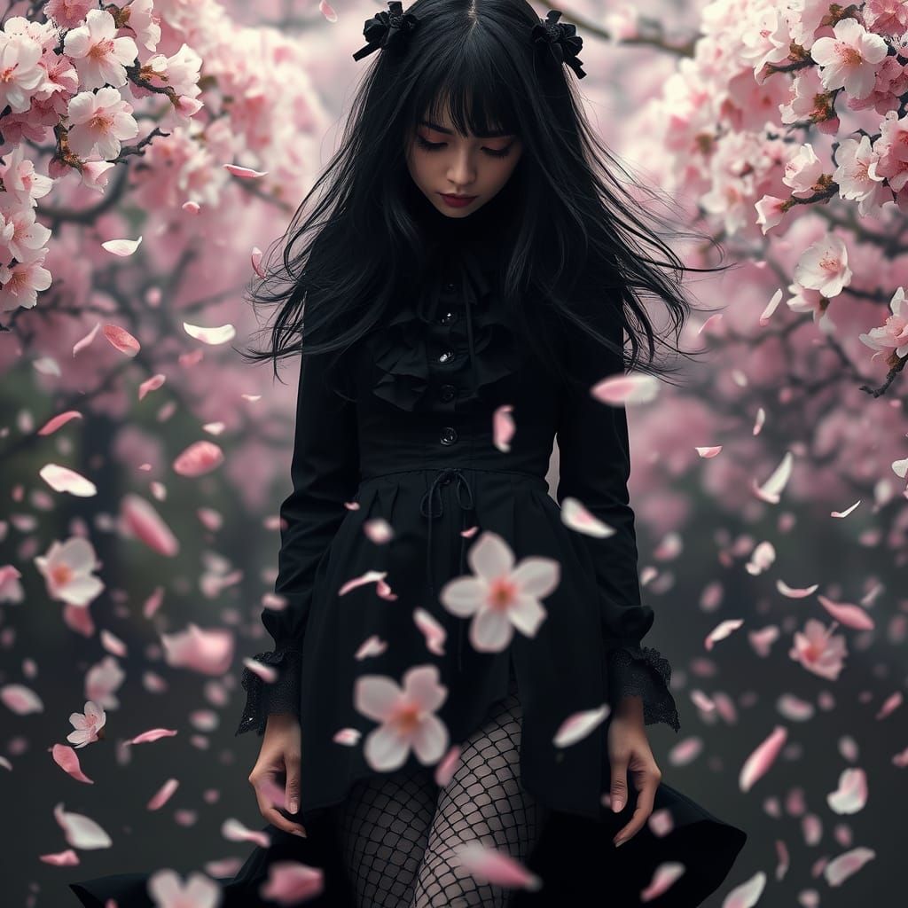 Whimsical Gothic Lolita Girl in Sakura Petal Storm