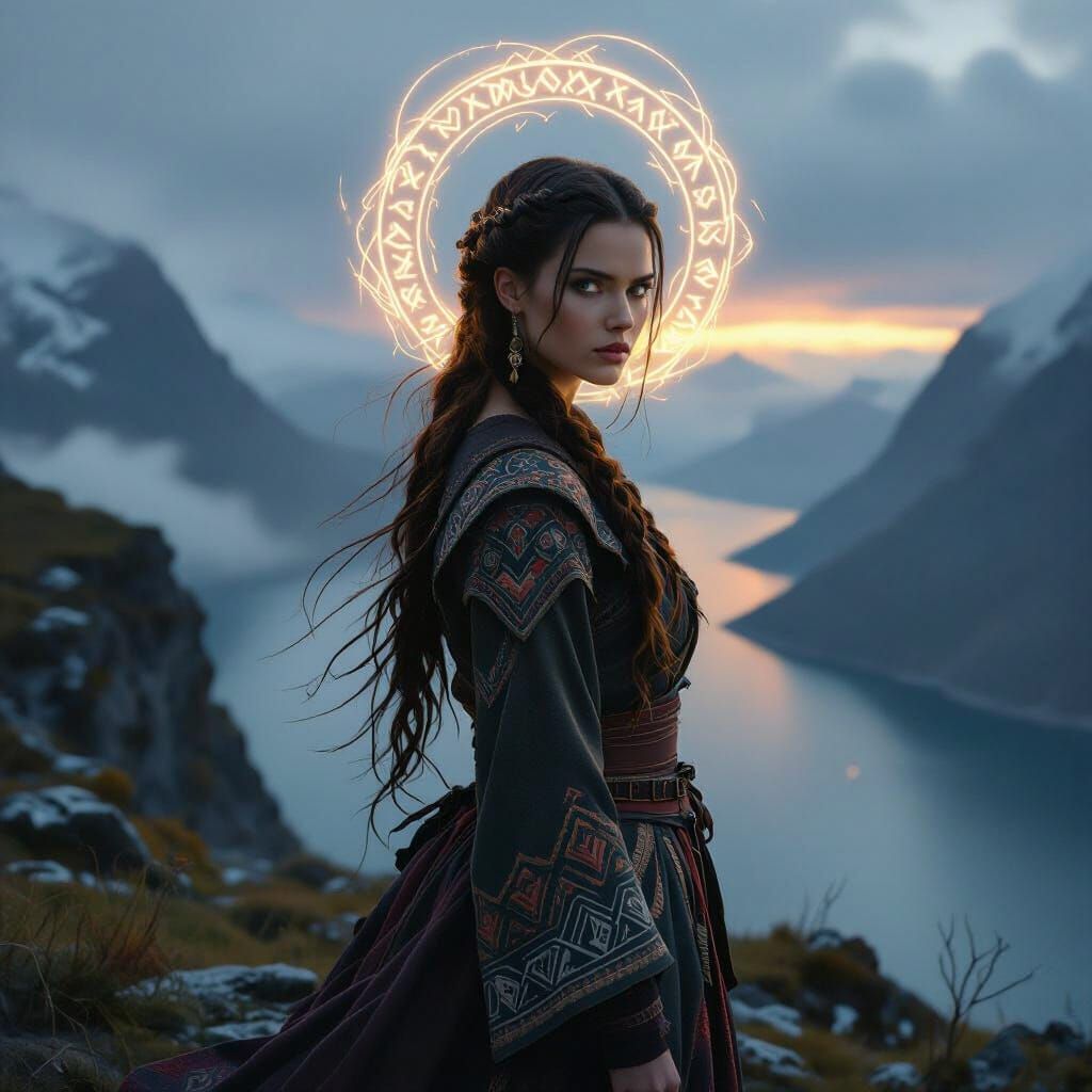 Nordic Woman on Windswept Cliff with Glowing Runes