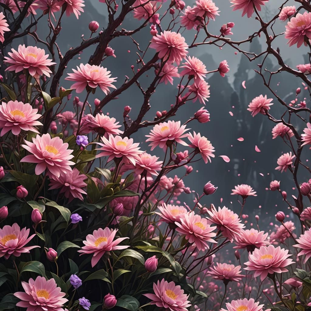 Fantastical Pink Flowers in Detailed Matte Painting