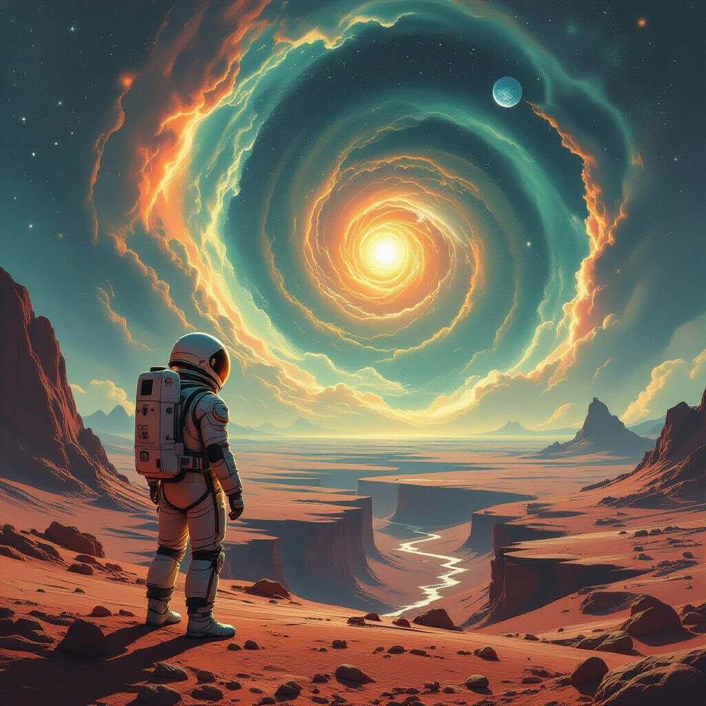 Astronaut at Alien Abyss Edge, Cosmic Sci-Fi Art