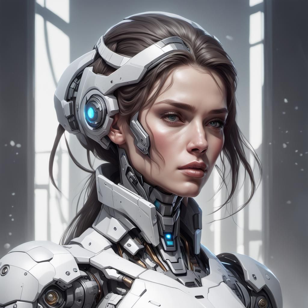 Brunette Cyborg Woman Portrait in Art Nouveau Style