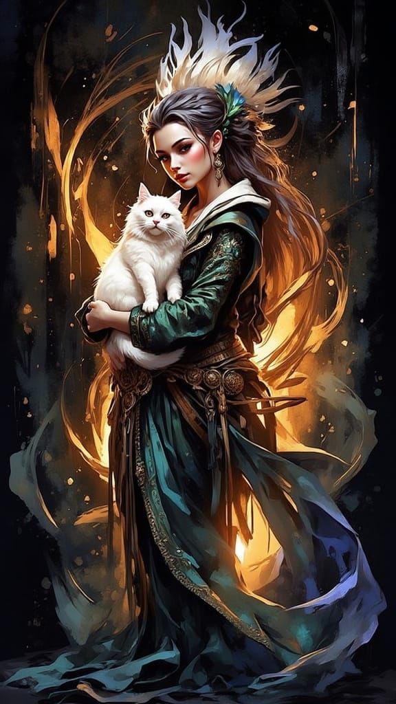 A stunning woman with porcelain skin and raven hair, dressed in a resplendent, flowing gown with intricate, swirling pat...