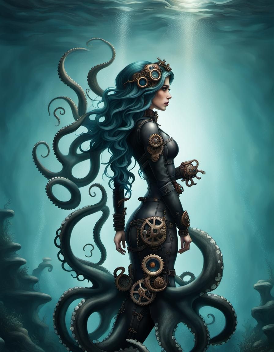 Steampunk Cecaelia in the Deep Murky Sea