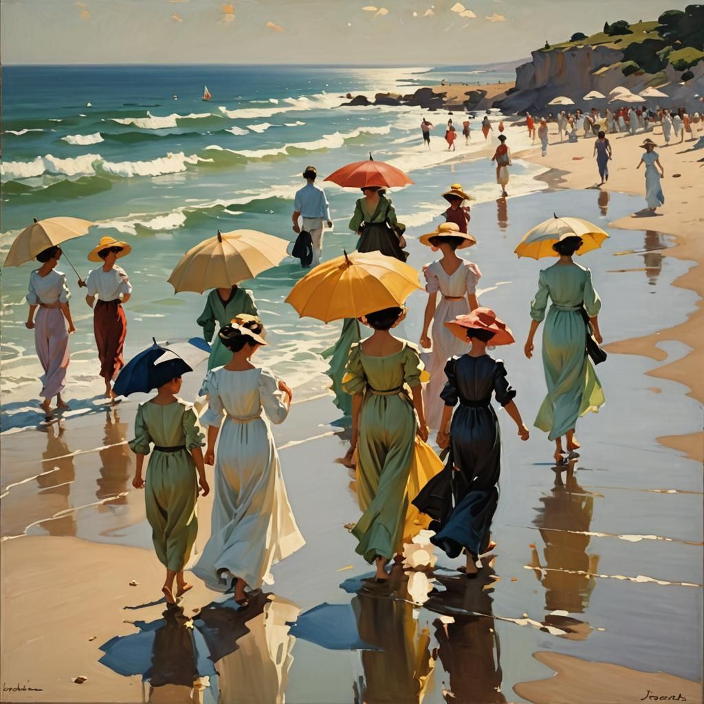 Elegant Women on Beach as Impressionist Painting