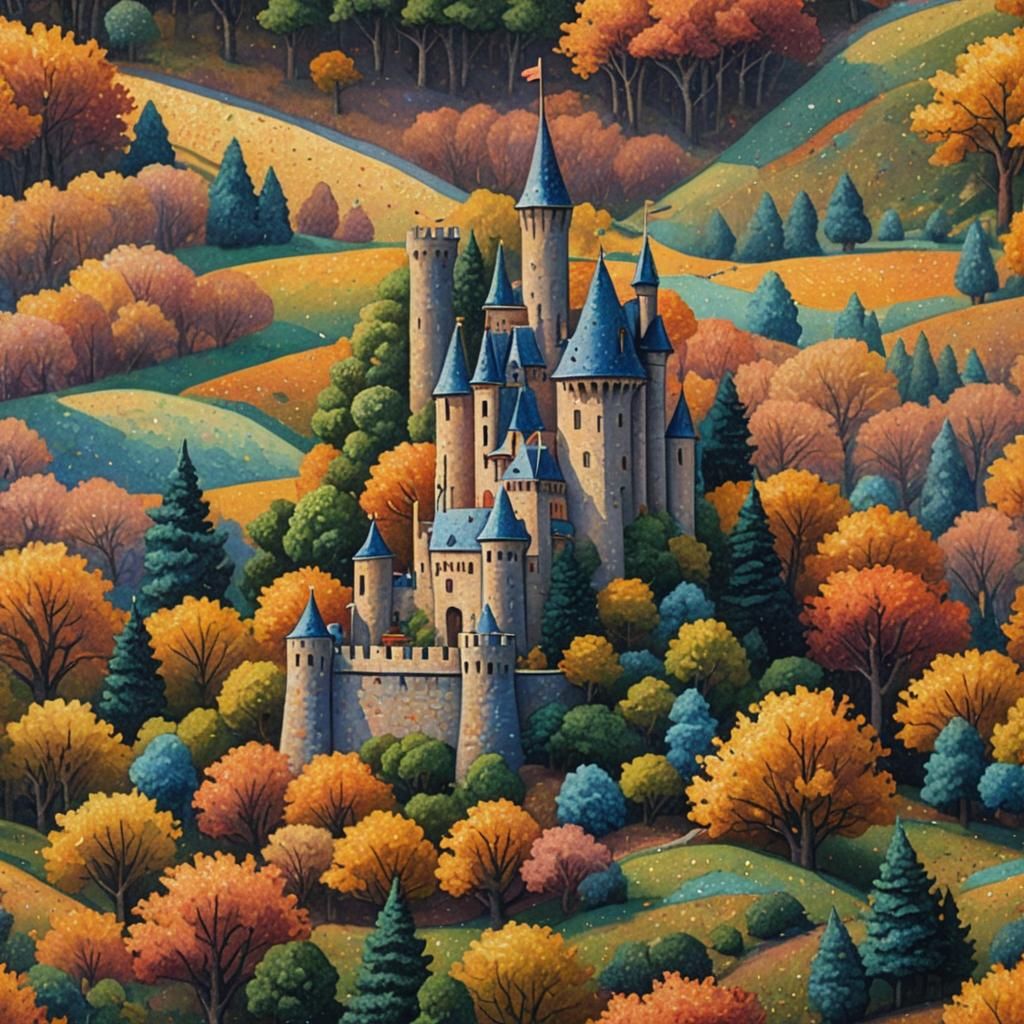 Pointillist Castle on Hilltop at Sunset