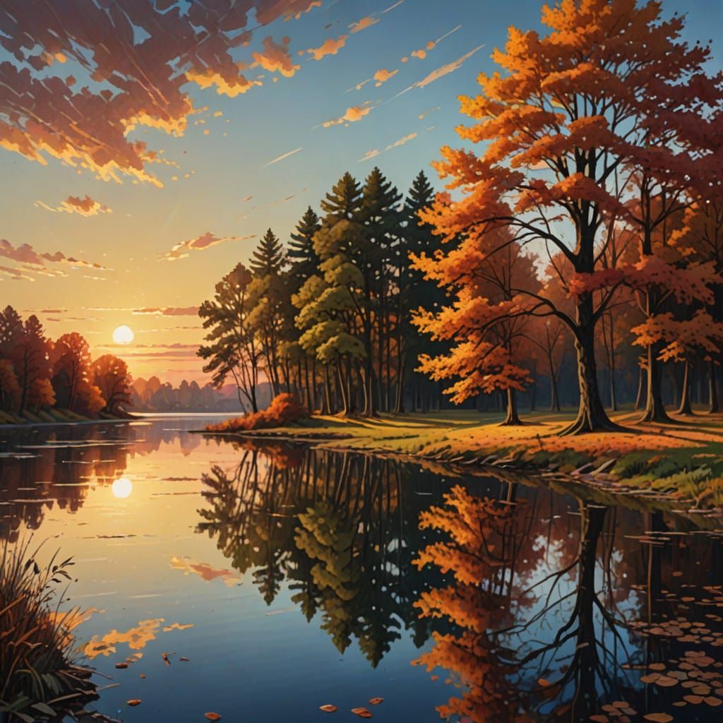 Autumn Trees at Sunset in Hyperrealistic Style
