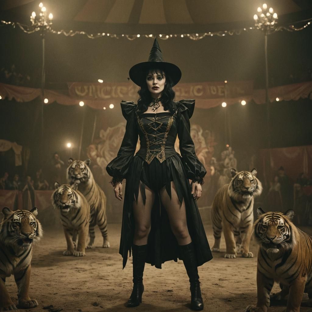 Eerie Circus Witch with Two-Headed Tigers