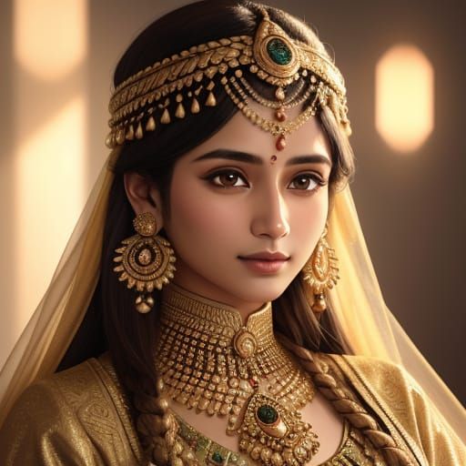 Kashmiri Woman Portrait with Gold Jewelry in Digital Art