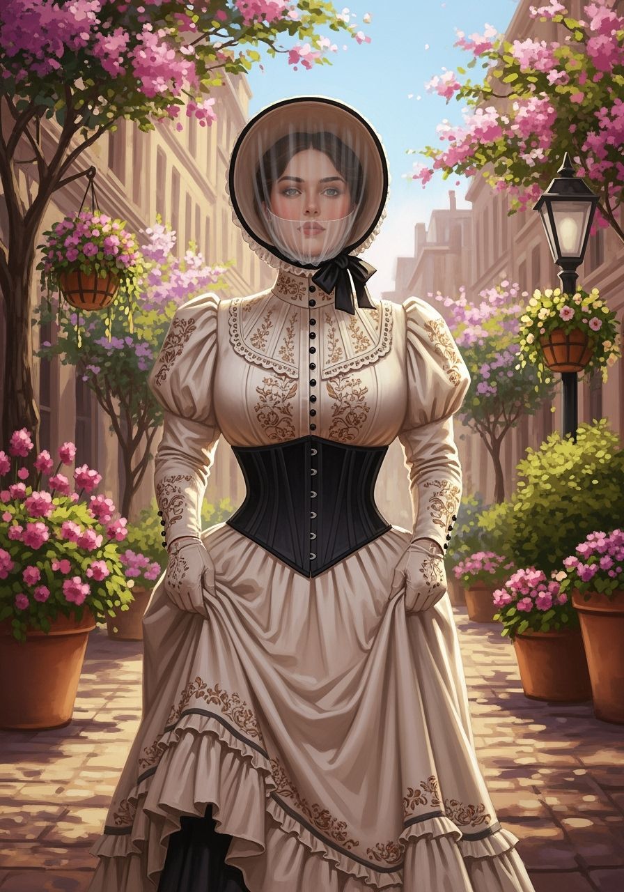 Victorian Woman in Floral City, Impressionist Style