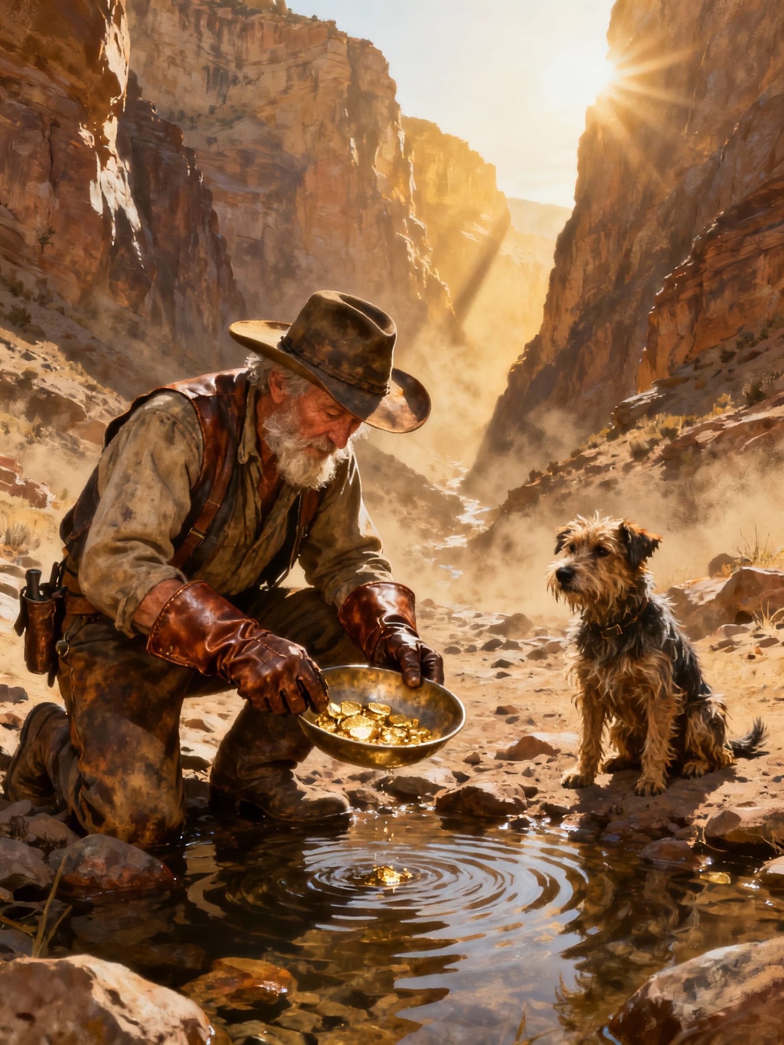 Old Prospector Panning for Gold in Sun-Drenched Canyon