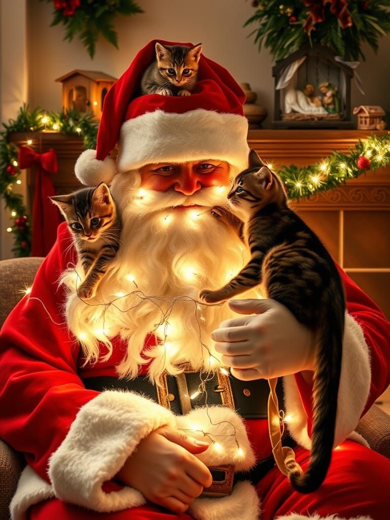 Jolly Santa Claus Surrounded by Kittens and Holiday Cheer