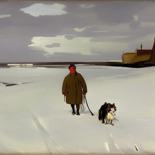 Surreal Winter Beach Scene in Impressionist Style