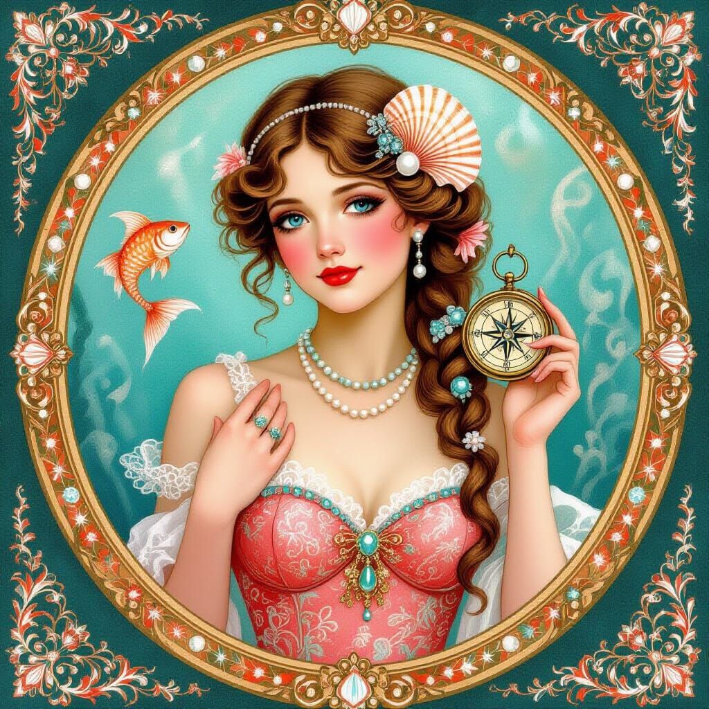 Water Nymph Portrait in Ornate Gold Frame