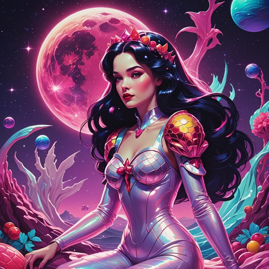 Snow White Space Mermaid in Synthwave Neon Style