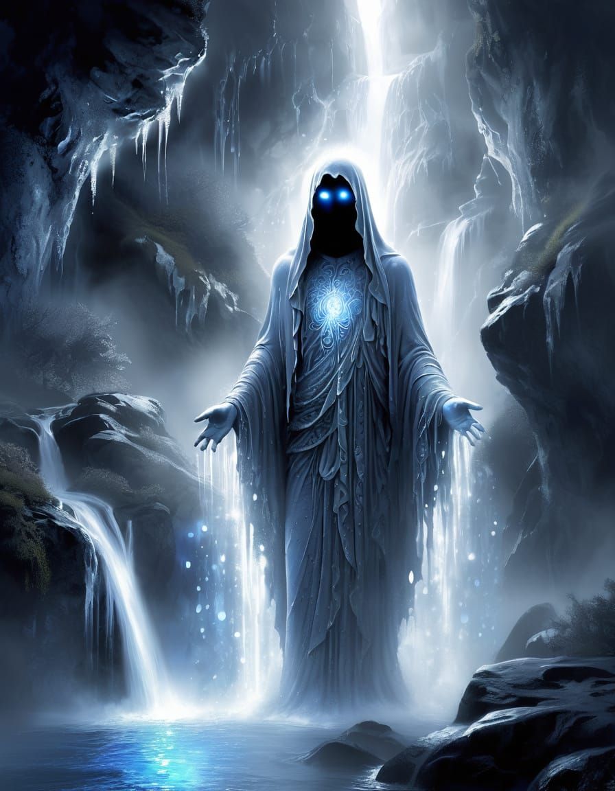 Ghostly Figure Emerges from Waterfall in Digital Painting St...