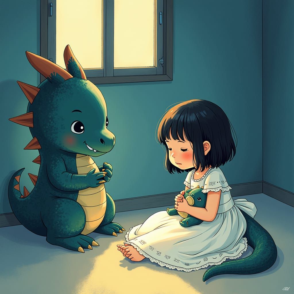 Girl and Dragon Toy in Woodblock Style