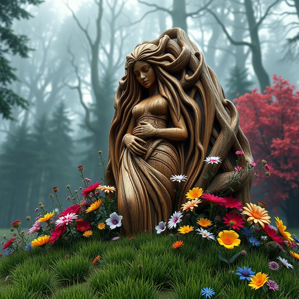 Detailed Woodcarving of Celtic Goddess in Forest