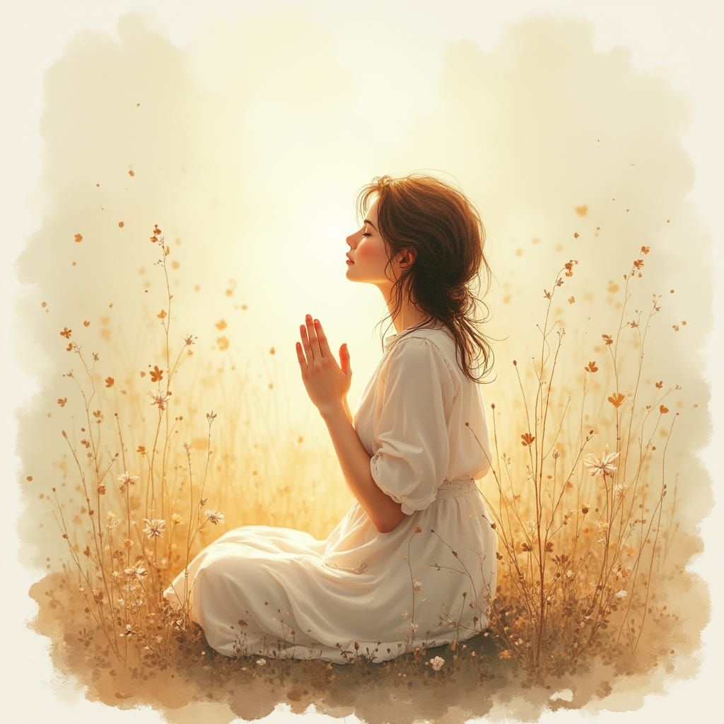 Serene Woman in Prayer: Watercolour Dreaminess