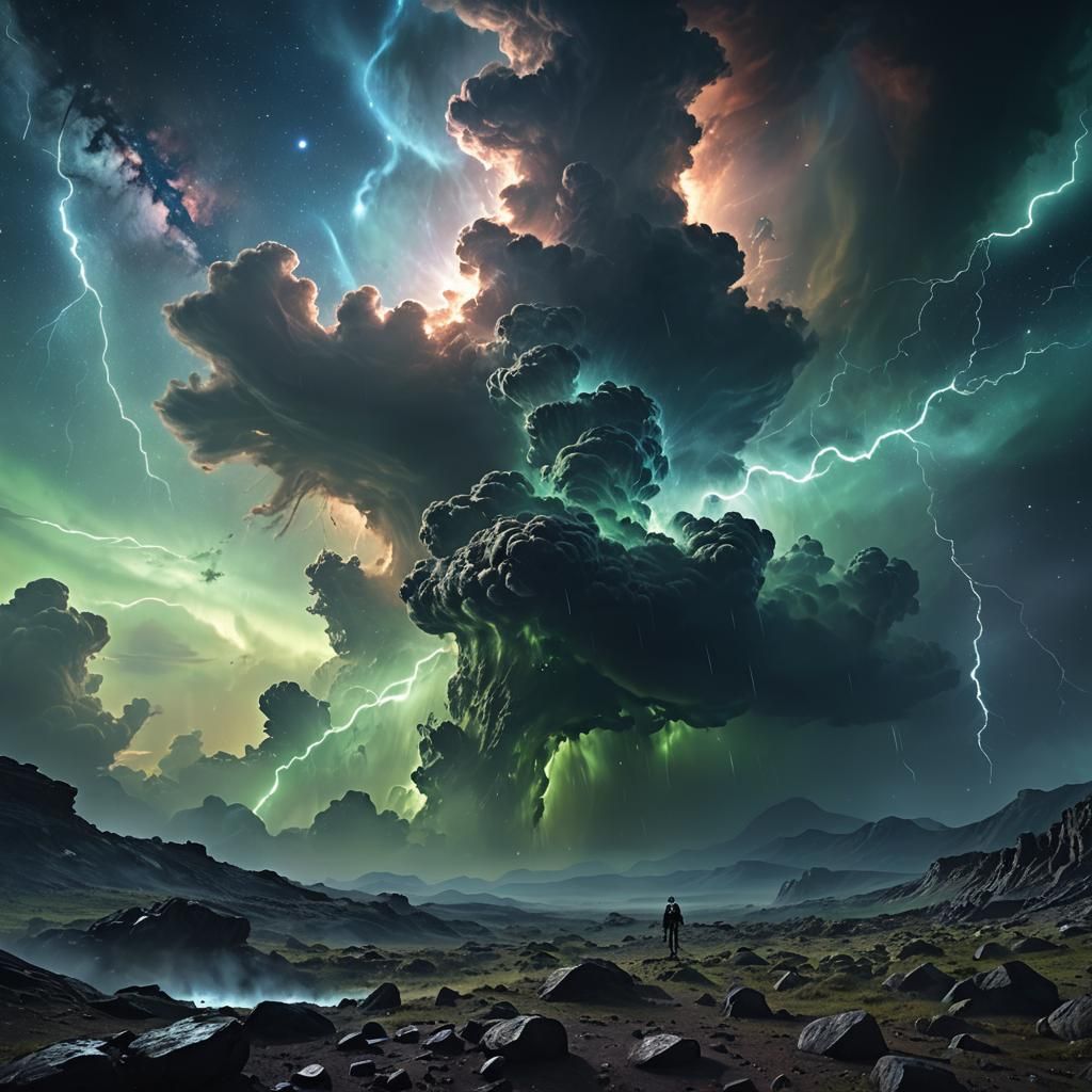 Cinematic Exoplanet Scene with Nebula and Storms