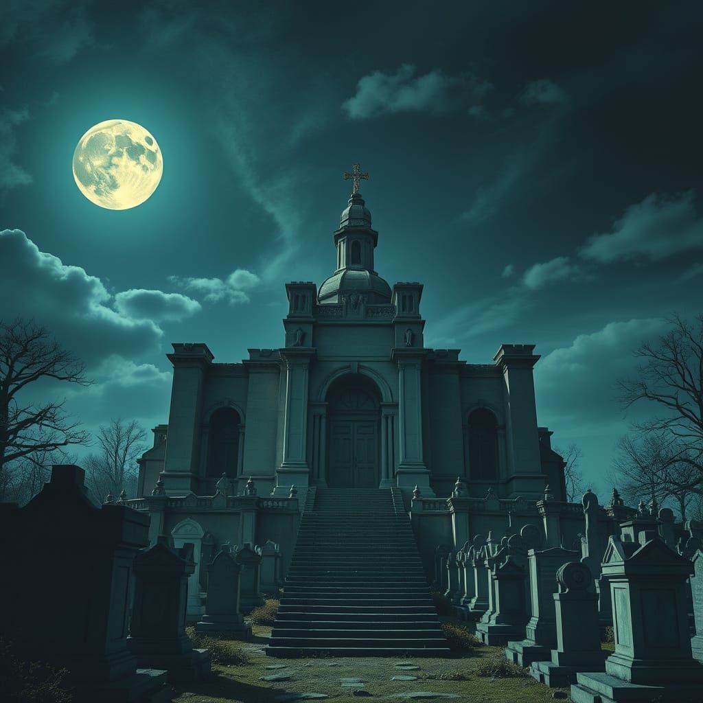 Colossal Mausoleum in Royal Cemetery Under Blood Moon