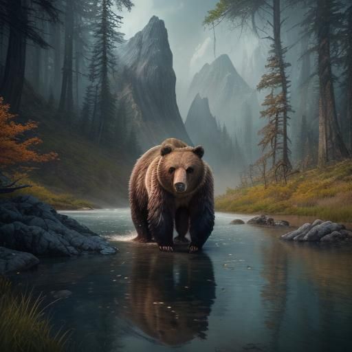 Grizzly Bear Catching Fish: Detailed Fantasy Art