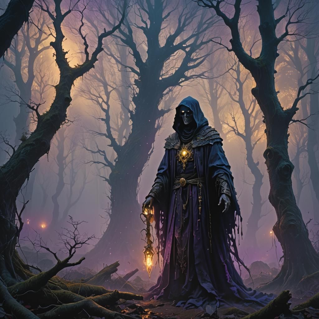 AI Necromancer Summons Spectral Entity in Dark Fantasy Art