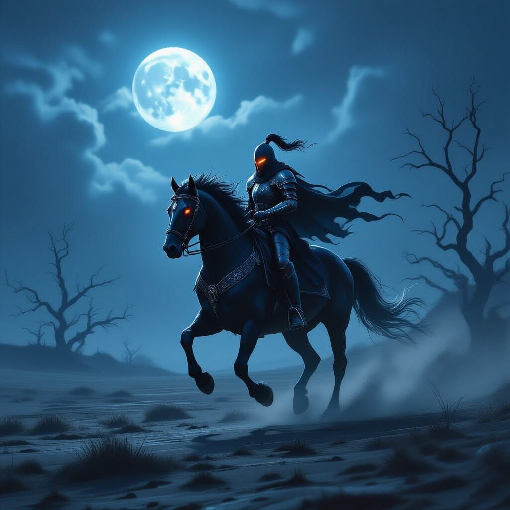 Spectral Knight's Horse Gallops Through Moonlit Desolation
