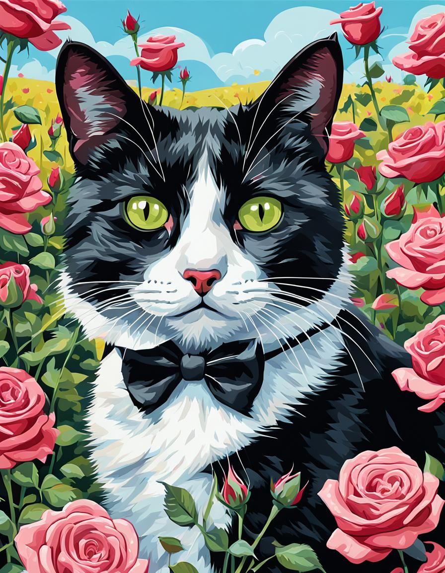 Tuxedo Cat in Roses: Pop Art Gouache Painting