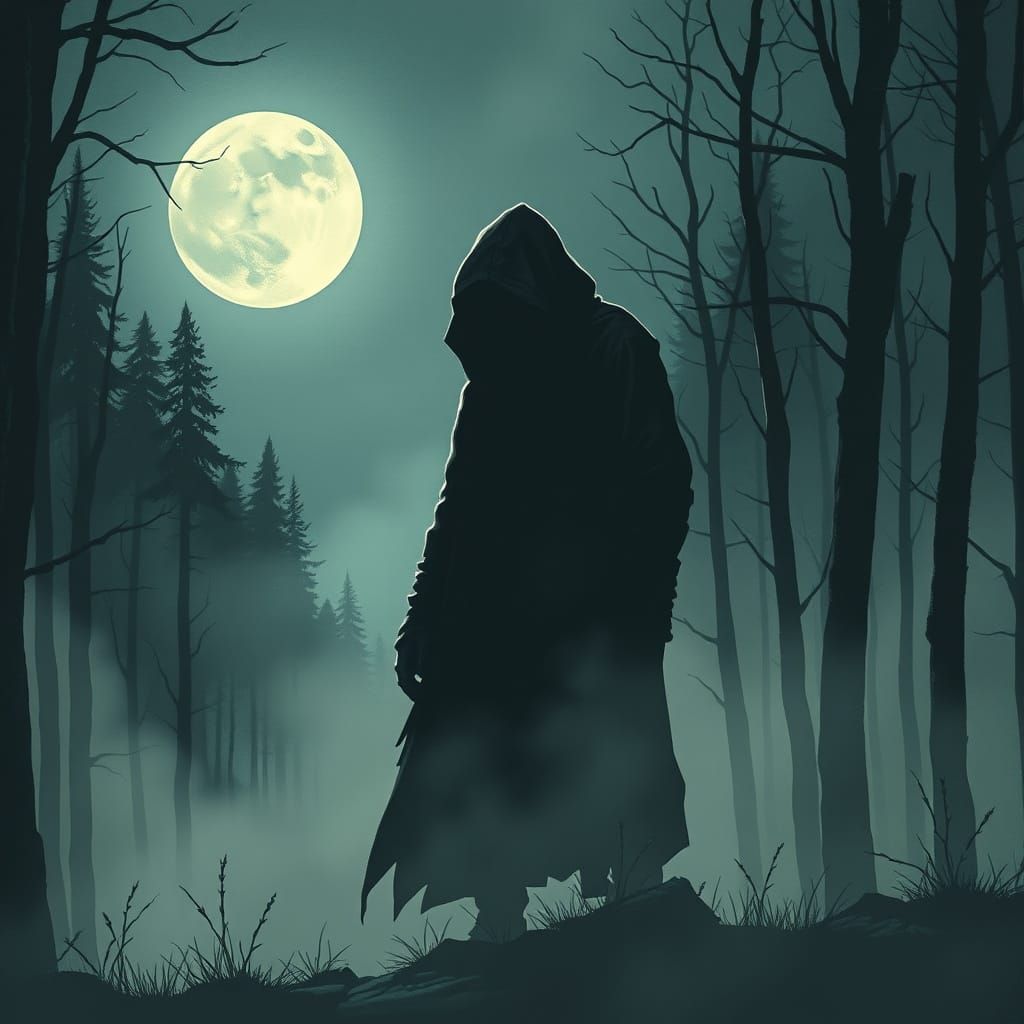 Dark Hooded Figure in Eerie Misty Forest
