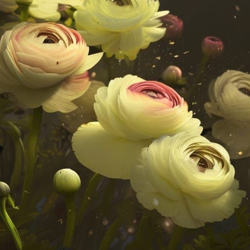 Ranunculus Blossom in Overgrown Garden, Dark Fantasy Art
