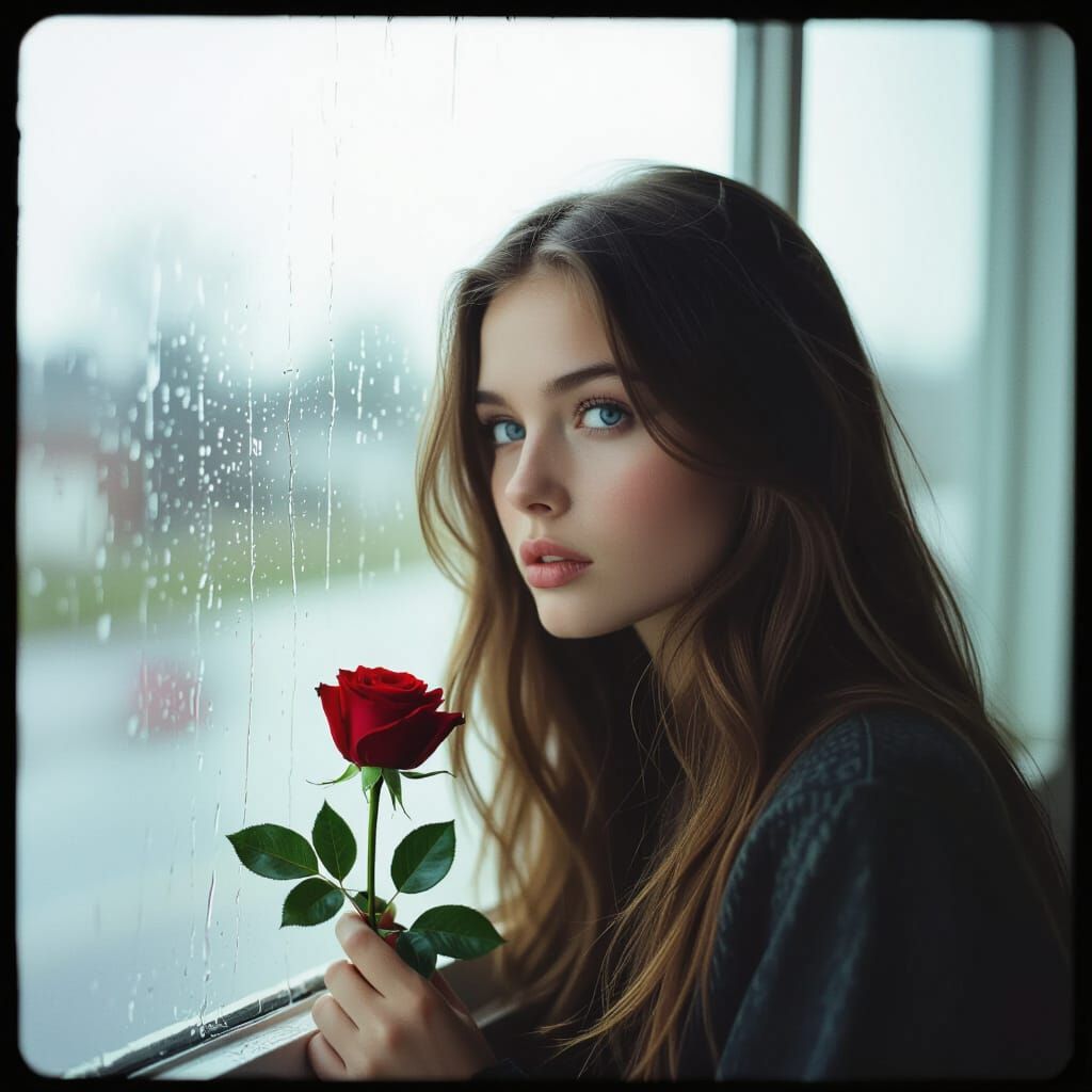 Woman Gazes Out Rainy Window Holding Red Rose