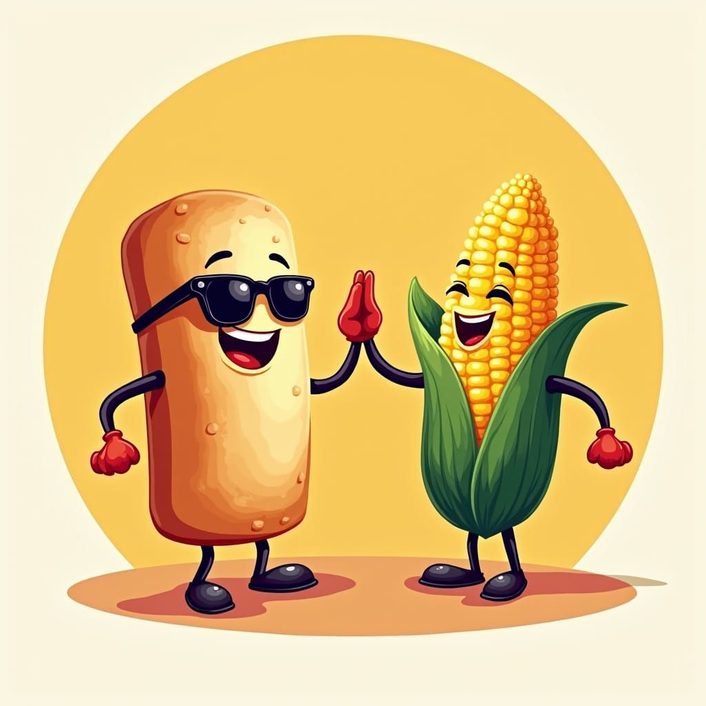 Whimsical Roll and Corn Illustration in Vintage Style