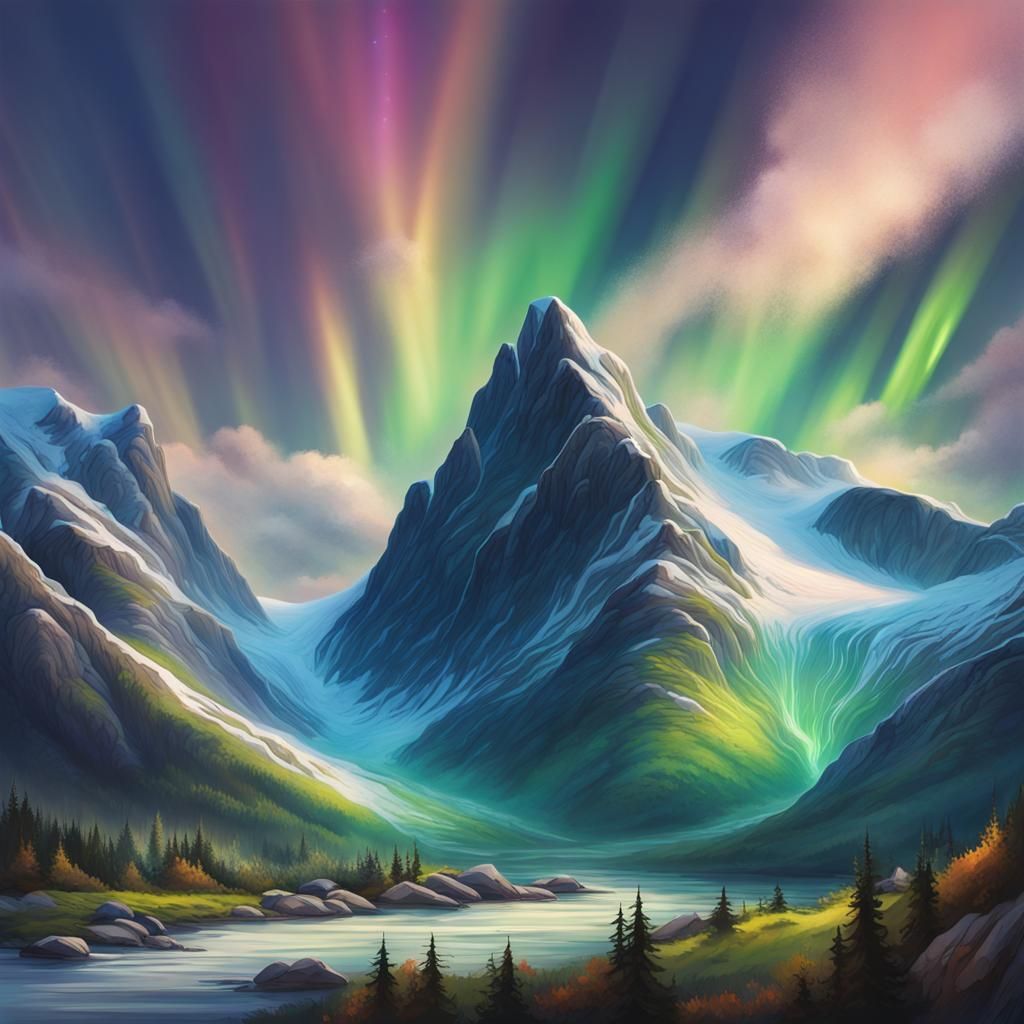 Hyperrealistic Norway Mountain Scene with Northern Lights
